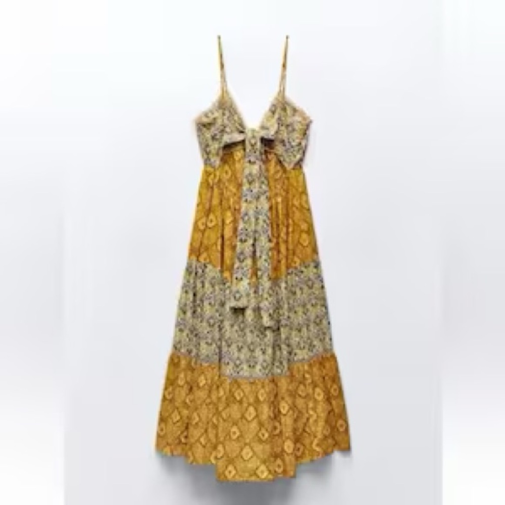 Zara Multicolored Printed Cotton Tiered Asymmetric Midi V Neck Dress Size XS - Picture 2 of 6